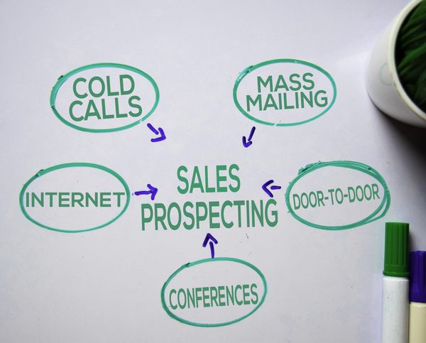 Sales Prospecting text with keywords isolated on white board background. Chart or mechanism concept.