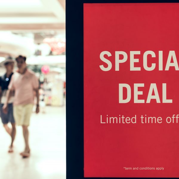 Special deal sign in the shopping mall in Asia. Bali.